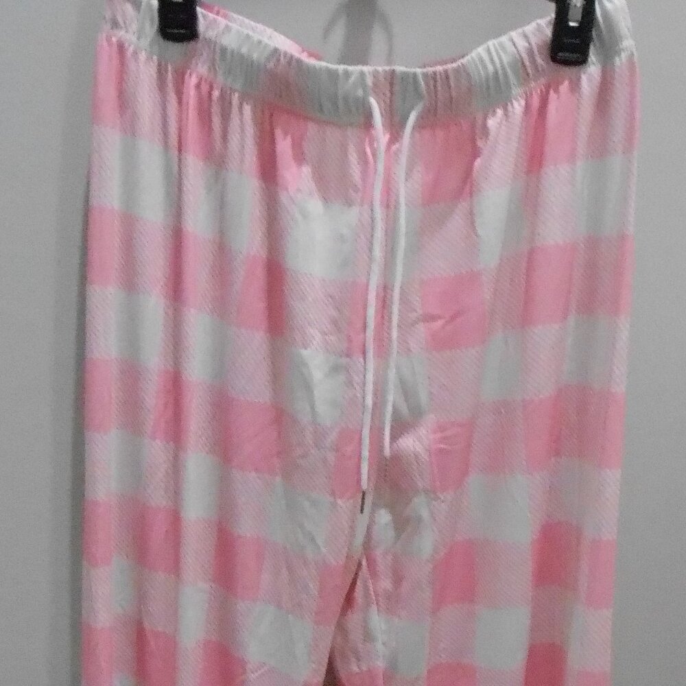 Women's Pink & White Plaid Baggy Loungers PJ Pants Elastic Drawstring Waist-Lg